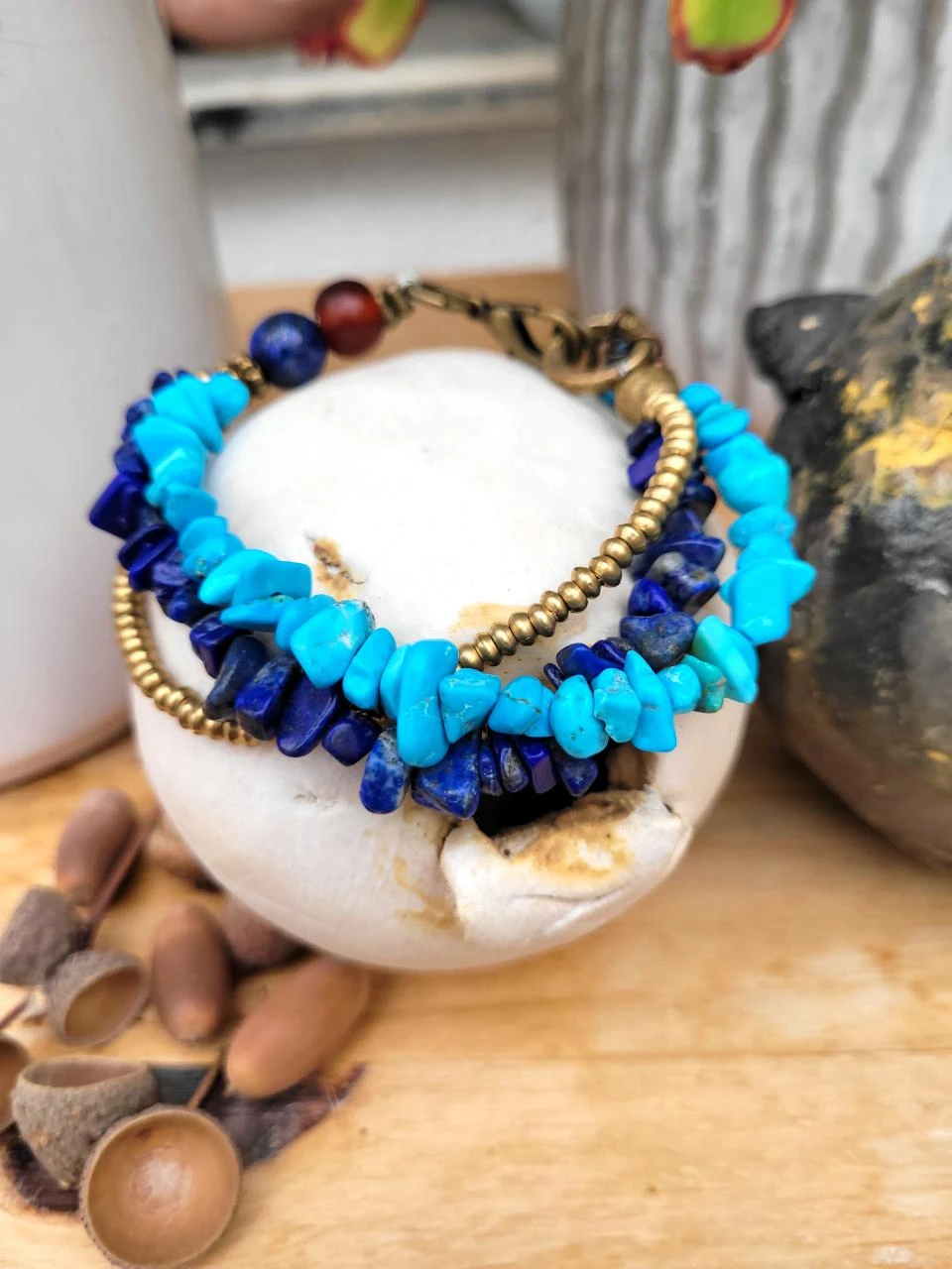 Een romantische, beschermende, 3 rangs, unisex, lapis lazuli, turkoois armband – photo 4